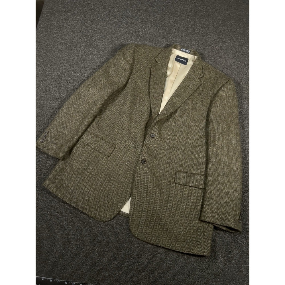 Vintage Nautical Blazer Jacket Men's 46L Green Donegal Tweed Herringbone Wool